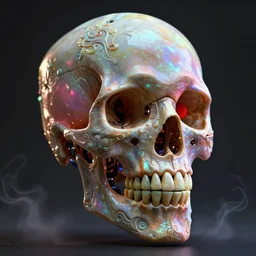 a 3D sculpting mechanical skull, very ornamented, luminous colors, the jaw showing the teeth, red eyes,contrasting against a dark background with vapor,hyperealistic, hyperdetailed, digital sculpting, cinema 4D, 8k,Billelis style, very beautiful