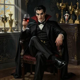 vampire with one leg crossed over the other, holding a glass of red wine in his hand, sitting sitting dramatically on a chair in a dark room with trophies along the back wall, 8 k, d & d, castlevania, in the style of john singer sargent and alphonse mucha, dramatic lighting, spotlight from a window, intricate detail, very highly detailed