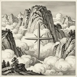 over the mountains, cascading clouds, durer etching, mystical symbol, very detailed, digital art, trending on artstation, masterpiece