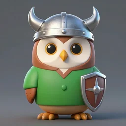 A cartoon anthropomorphic owl wearing a viking helmet and a green shirt with a shield on the side.