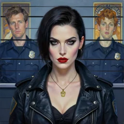 police station mugshot. fancy attire. symmetrical centered looking at viewer mugshot head portrait photograph of attractive charismatic nefarious cyberpunk lady crime boss dame with attitude. villainess. scary mean. oil. norman rockwell, artgerm, greg rutkowski,, sakimichan, alphonse mucha. artstation. sharp focus. highly detailed.
