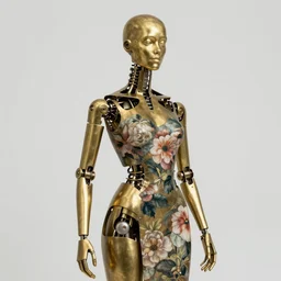 brass semi - mechanical woman, portrait, floral art novuea dress, art by ardian syaf