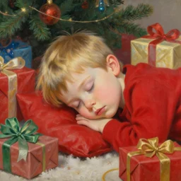 four year old boy with short blonde hair, asleep at christmas. surrounded by gifts. high quality detailed face. beautiful painting by artgerm and greg rutkowski