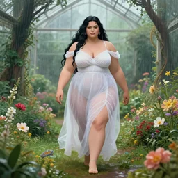 a stunning vector portrait of a thicc and voluptuous poison ivy dressed as palutena in a gossamer white dress walking through a flowering garden in the pouring rain, greenhouse in the background, intricate, elegant, highly detailed, artstation, concept art, ultra sharp focus, octane render, volumetric lighting, god rays, art by jugendstil and greg rutkowski and alphonse mucha