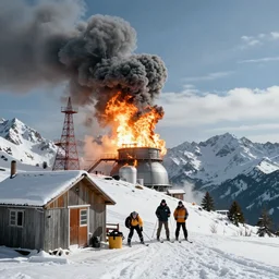 zelen skiing on the crimean mountain crest, exploding nuclear plant in backyard, three tsjernobyl engineers trying to control the fire