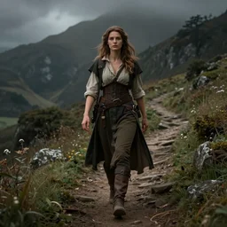 a detailed and enchanting portrait of a female hobbit on a dark mountain trail, pathfinder portrait, dndart, fantasy portrait, 4 k, hires, art by jack davis and lucian freud and bill ward and artgerm