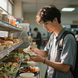 a very handsome young male college student is buying lunch at the cafeteria but is out of money
