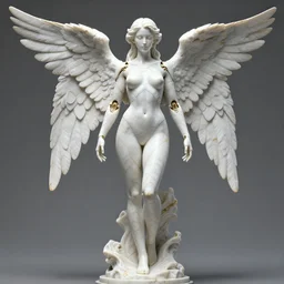 a statue made of white marble with gold veins, of an seductive gorgeous futuristic cybernetic angel girl, prostheses, transhumanism, full body shot, perfect symmetrical body, perfect symmetrical face, hyper realistic, hyper detailed, by johannen voss, by peter kemp, by monia merlo, by michelangelo, octane render, blender, 8 k