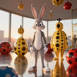 yayoi kusama locked in an infiniti room cosplay bugs bunny, nendroid, art by wgreg rutkowski. during golden hour. extremely reflective.