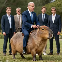 ultradetailed photograph of joe biden riding a capybara by artgerm and Craig Mullins, James Jean, Andrey Ryabovichev, Mark Simonetti and Peter Morbacher 16k