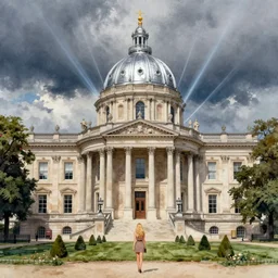 neoclassical building with dome in a park, blonde hair, pinterest, artstation trending, behance, watercolor, by coby whitmore, silver, laser light,