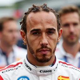 closeup portrait of Lewis Hamilton at the formula 1 starting grid, by Steve McCurry and David Lazar, natural light, detailed face, CANON Eos C300, ƒ1.8, 35mm, 8K, medium-format print