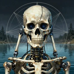 detailed portrait of a robot skeleton surrounded by a lake of sorrow and tears, sacred geometry humanoid robot skeleton, by cameron gray