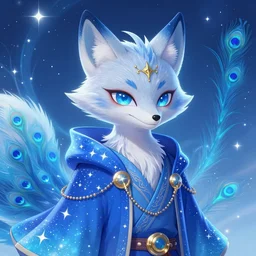 portrait from an anime of an ethereal colorful blue starry fox peacock spirit character, giant golden fangs, wearing star filled magic imbued mage robes, wearing lots of gold jewelry and gems, sitting in an illuminated observatory at night under a star filled sky, art by yuji ikehata, background art by miyazaki, realism, detailed, proper human proportions, fully clothed
