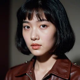 ektachrome, 3 5 mm, highly detailed : incredibly realistic, youthful asian demure, perfect features, feminine cut, beautiful three point perspective extreme closeup 3 / 4 portrait photo in chiaroscuro style 1 9 7 0 s frontiers in flight leather suit cosplay fashion, nick night