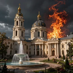 a neoclassical tower with dome on a fantasy city, next to a fountain and a mystical palace. by konstantin razumov, fractal flame, chiaroscuro, highly detailded, volumetric lighting