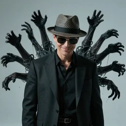 film still, extreme long shot, of an enigmatic mysterious man, smiling, face unseen by wearing a woven fedora and chopard sunglasses, expensive outfit, elegant, casual, intricate, the man summons numerous dark miasma hand appendages from his back,