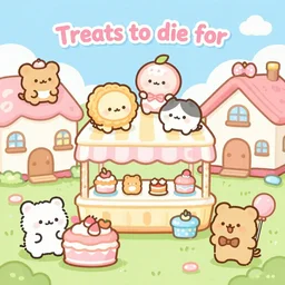 a cutesy styled macabre bakery called treats to die for that is set in a candy village of cute animal cracker citizens