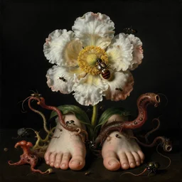disgusting disturbing dutch golden age bizarre mutant flower floral still life with many human toes realistic human toes blossoming everywhere insects very detailed fungus tumor disturbing tendrils bizarre slimy forms sprouting up everywhere by rachel ruysch christian rex van minnen black background chiaroscuro dramatic lighting perfect composition high definition 8 k 1 0 8 0 p