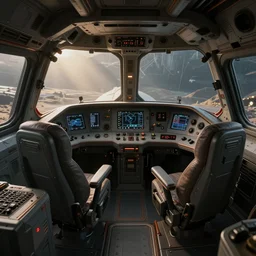 Concept art for a small industrial spaceship cockpit