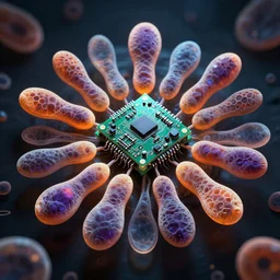 microcontrollers at the center of a bunch of diatoms, artistic, contrast, dramatic lighting, intricate details, vivid colors, octane render