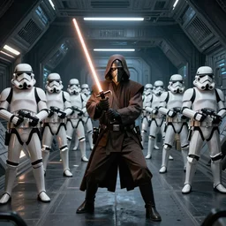 an action photography, extreme long shot, split lighting, sigma 8 5 mm f / 1. 4, of a jedi knight vs imperial stormtroopers, inside the death star corridors, from the empire strikes back, award - winning art, digital art, trending on artstation concept art, pictorialist, realistic, 8 k, photoshopped image, detailed picture, high - quality, in the style of robert capa