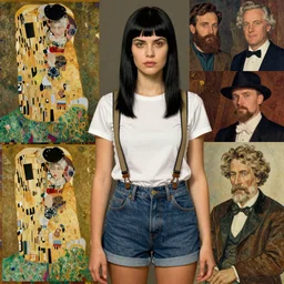 a woman with black hair and long pixie haircut in shorts with suspenders and white t-shirt drawn by Paul Gauguin, norman rockwell, frank frazetta, alphonso azpiri, maler collier, peter paul rubens, alphonse mucha, gustav klimt 4k, unreal 5, DAZ, french noveau, trending on artstation, octane render, hyperrealistic