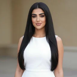 young iraqui woman with long black straight hair, white dress