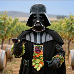 darth vader holding a tie made out of vegetables and sunglasses in a winery, on the television show the fresh prince of bel - air