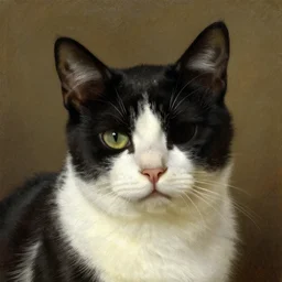 a cat with black and white fur, missing it's right eye, oil painting, rembrandt