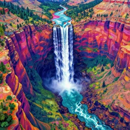 landscape of waterfall in grand canyon neon colors, bird eye view, hyperdetailed illustration by kim jung gi, irakli nadar, intricate linework, bright colors, octopath traveler, final fantasy, unreal engine 5 highly rendered, global illumination, radiant light, detailed and intricate environment