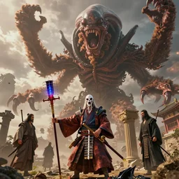 Drop a xenomorph into feudal Japan, the ancient Greeks crack open the Hellraiser box, cosmic horror, cinematic, hyper realism, high detail, octane render, unreal engine, 8k, vibrant color, basri’s acolyte, Darkest whisper, huge brown floof screaming at the sky, by andrea chiampo and chet zar