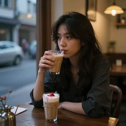beautiful, mysterious coffee shop girl, sitting across the room, drinking a strawberry iced latte, dim light, dusk, moody lighting, real photo, real camera, amazing quality, 8 k