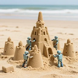 robots building 1:1 scale sandcastles at the beach