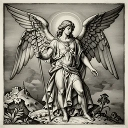 medieval occult etching, very detailed, of the angel of mercury
