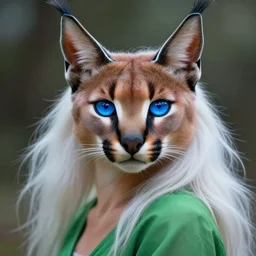 portrait of a beautiful cute caracal with glowing blue eyes, dressed in a green top, flowing white hair, detailed face, fantasy, highly detailed, cinematic lighting, digital art painting by greg rutkowski, trending on artstation, very very beautiful, very attractive