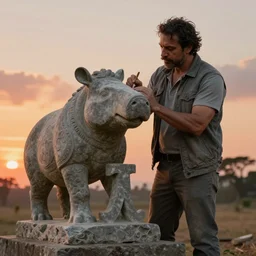 a tapir sculpting a stone statue of the lambda symbol, epic sunset in the background, highly detailed digital art by boris vallejo