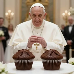 pope Francis celebrating the wedding if two chocolate muffins. Wedding photos. Romanticism.