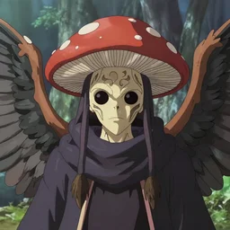 4K headshot of mothman with a mushroom hat and rouch clothes with giant wings , intricate face , flawless anime cel animation by Manabu Oshashi and Satoshi Kon, professionally post-processed , beautiful, scary, symmetry accurate features, epic, octane rendered, anime masterpiece, accurate