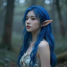 beautiful young Asian elf woman with blue hair in a hazy forest at dusk, by René Lalique