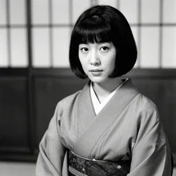 photo of a japanese woman with bangs in 1966, wearing a loose kimono, artistic, black and white