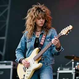 1 9 - year - old girl with shaggy, unkempt, permed hair, double denim, headbanging, playing electric guitar, heavy rock concert, 1 9 9 2 live at lollapalooza, vhs quality