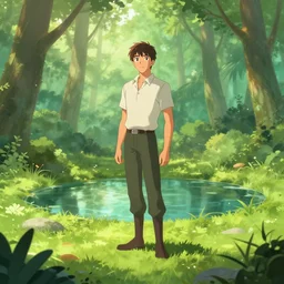 a prince stands in a forest with a pond in the center, green color scheme, morning, artstation,