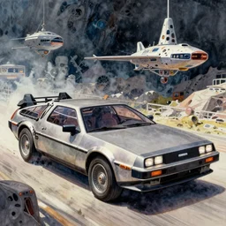 gouache watercolor illustration of a delorean inside a spacecraft, dreamy aesthetic, highly detailed, octane render, unreal engine 5, trending on artstation, beautiful concept art, by syd mead and beeple 8 k