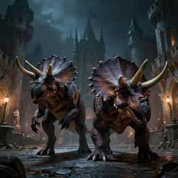 two menacing zombie triceratops on a medieval palace courtyard at night, scary, powerful extremely detailed, high quality, epic, dnd, fantasy art, artstation, monstruous, dark skin, threatening