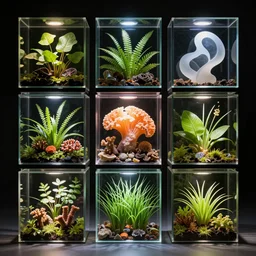 composition of nine square boxes with different plants forms, diorama, front view, light mode, led lamps, coral reef, tremella fuciformis, grass, leaves, abstract sculpture