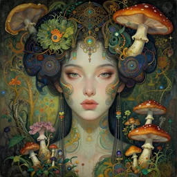 face portrait photo of the gorgeous young cyberpunk goddess of mycelium networks, fungi, mushrooms, flowers and plants, emotionally evoking symbolic metaphors, head in focus, ornamental, intricate, elegant, artstation, concept art, painterly, rule of thirds, sharp focus, art by h. r. giger, ernst haeckel, sam spratt, gustav klimt