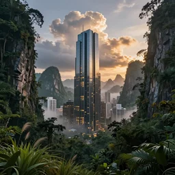 very detailed photograph of a tall gleaming steel brutalist city with lit windows nestled within an elaborate ancient jungle valley with jagged rocks and peaks, misty at sunset with volumetric lighting. sunlit cumulonimbus storm clouds float over. lush foliage, grasses cover the ground. atmospheric haze, radiosity