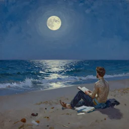 a painting of still beach under moonlight by john atkinson grimshaw and geogre inness, acrylic art, artstation hd