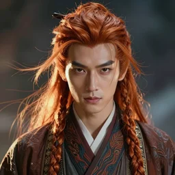 masterpiece portrait of 5 0 year old clan leader asian celtic man with long ginger hair and two braids, cunning eyes, wearing a shaolin robe, hyper realistic face, volumetric lighting, fantasy art, epic, in the style of greg rutkowski, donato giancola, tom bagshaw, intricate, hyper detailed, smooth, vibrant aura